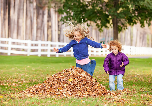 Two young girls jumping in a pile of autumn leaves.