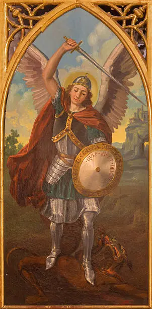 Seville - The paint of archangel Michael from neo gothic side altar in church Iglesia de San Pedro by painter R. Blapr from end of 19.cent.