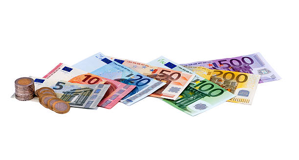 Euro Currency European Banknotes on white background. five euro banknote photos stock pictures, royalty-free photos & images