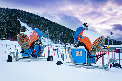 Snow Making Machines with a ski jump - The Great Krokiew in background, Zakopane, Poland
