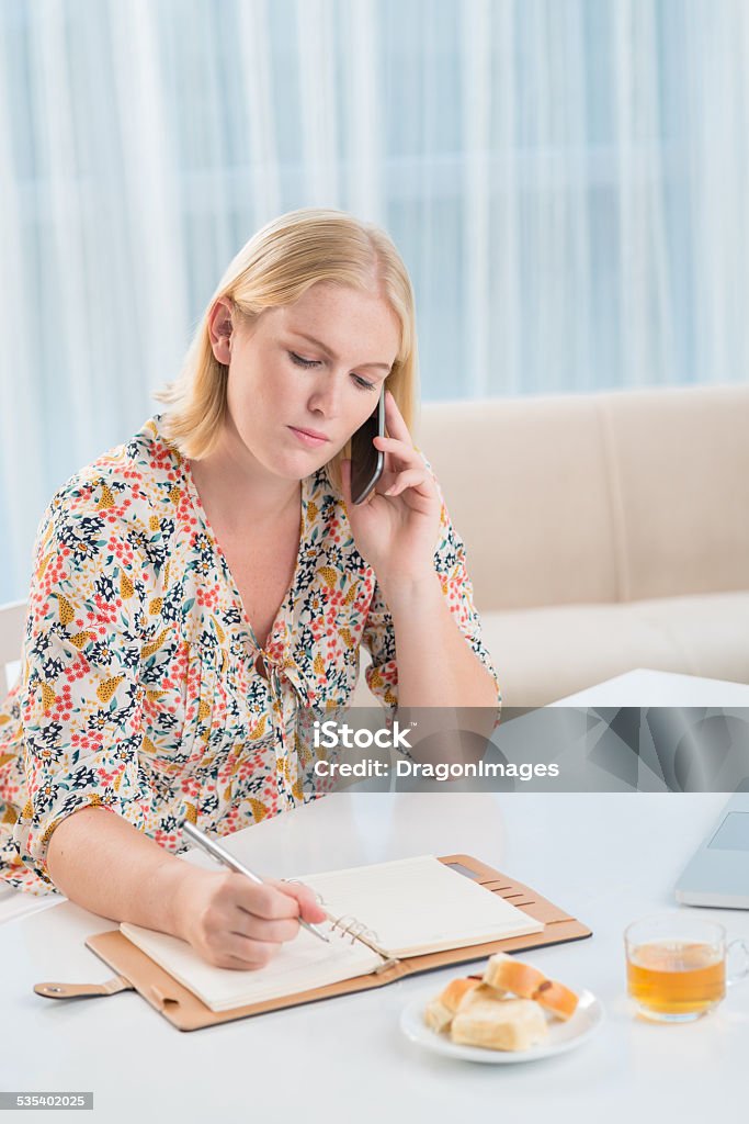 Talking on the phone Serious woman talking on the phone and making notes 2015 Stock Photo