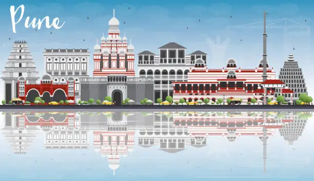 Vector illustration of Pune Skyline with Color Buildings, Blue Sky and Reflections.