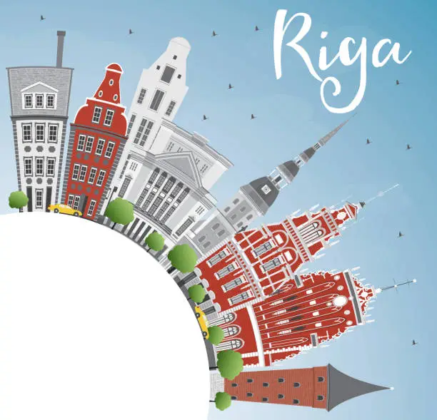 Vector illustration of Riga Skyline with Landmarks, Blue Sky and Copy Space.