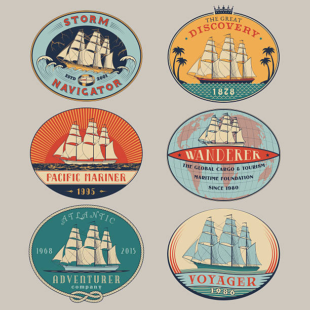 Nautical labels color Set of nautical and maritime adventure vector color labels.Logotype templates and badges with ships,waves and design elements.Ocean and sea exploration,marine tourism and cargo transportation symbols parallel port stock illustrations