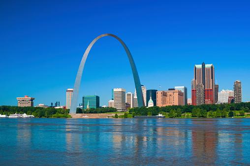 Saint Louis' Gateway Arch, downtown skyline, and the Mississippi River with a clear blue sky.