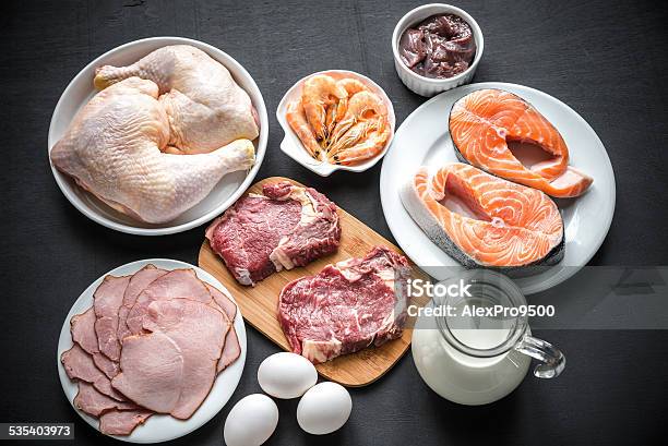 Protein Diet Raw Products On The Wooden Background Stock Photo - Download Image Now