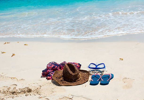istock Straw hat, mask. sunglasses and flip flops on a tropical 535404278