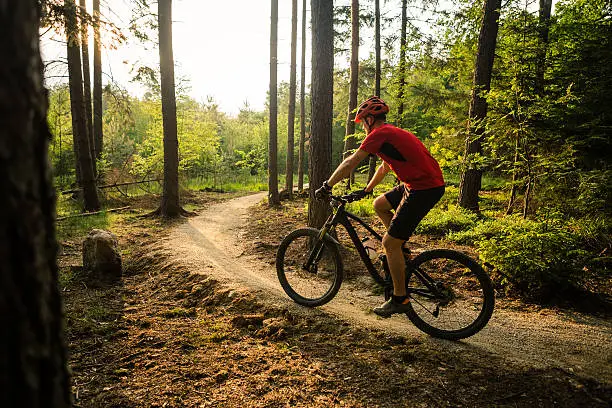 Mountain biker riding on bike in spring inspirational mountains landscape. Man cycling MTB on enduro trail path. Sport fitness motivation and inspiration. Rider mountain biking in fall woods.