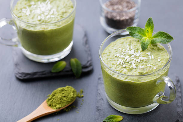 istock Matcha green tea chia seed pudding, dessert with fresh mint 535405498