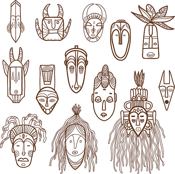 ilustraciones, imágenes clip art, dibujos animados e iconos de stock de dibujado a mano máscaras africano. vector de conjunto. - tribal music