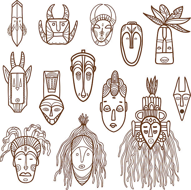 ilustrações, clipart, desenhos animados e ícones de africana desenhado à mão máscaras. vetor definido. - boxímane