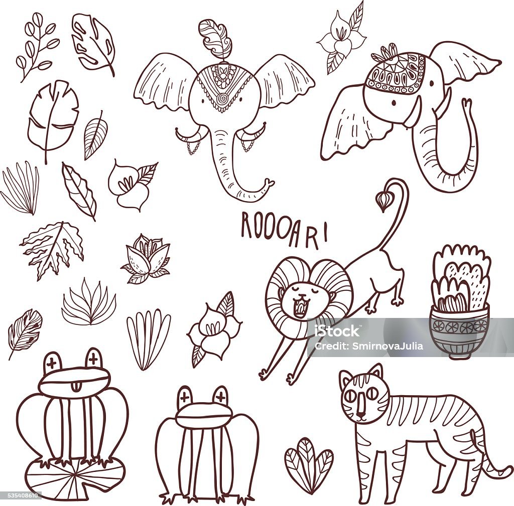 Maharaja Garden vector set. Fun wild jungle animals Maharaja Garden vector set. Fun wild jungle animals in cartoony style for your textile, scrapbook paper, web and stationary design, adult coloring book. Animal stock vector