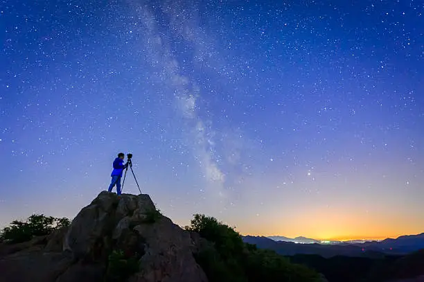 A photographer taking a photo of the night sky from the top of a mountain. 