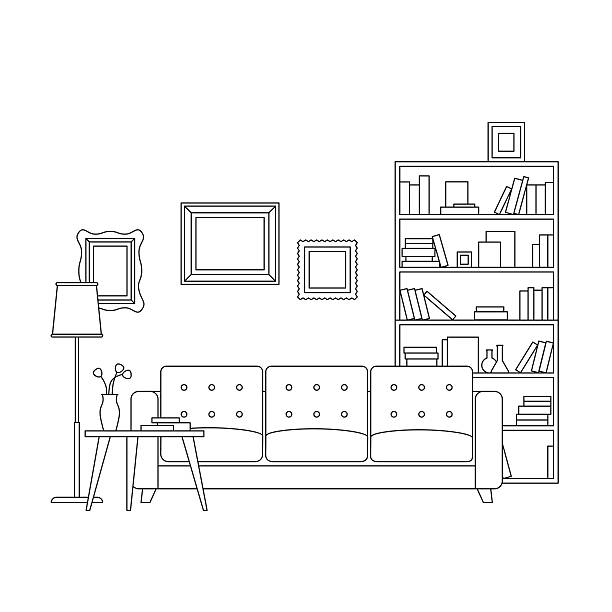 Line interior of living room Line interior of living room with furniture. Vector thin illustration of living room. silhouette lounge stock illustrations