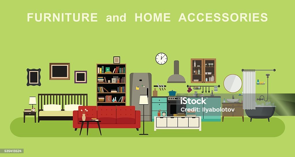Furniture and home accessories banner. Furniture and home accessories banner with vector flat icons sofa, bookshelf, bed, bathroom, kitchen, etc. Kitchen stock vector
