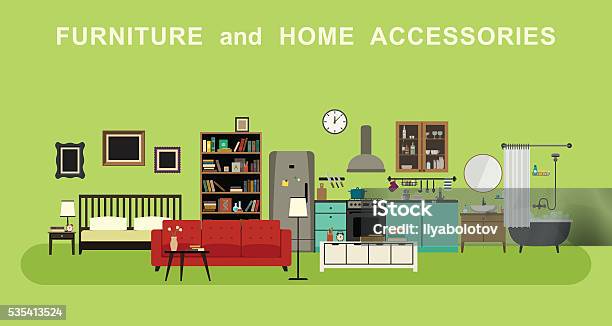 Furniture And Home Accessories Banner Stock Illustration - Download Image Now - Kitchen, Showroom, Apartment