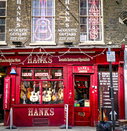 London, England - April 1, 2016: Exterior of Hanks Guitar Shop, Denmark Street, London.