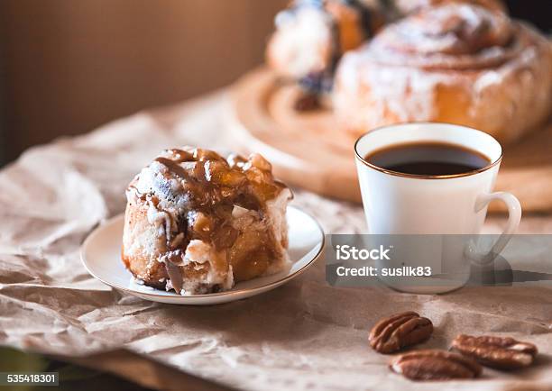 Cinnabon With Coffee Stock Photo - Download Image Now - 2015, Appetizer, Backgrounds