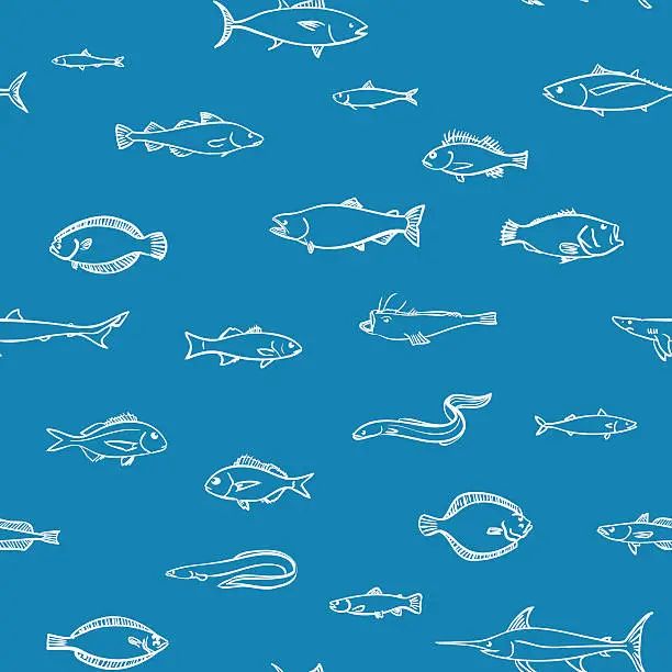 Vector illustration of Seamless monotone pattern of marketable fish, hand drawn style