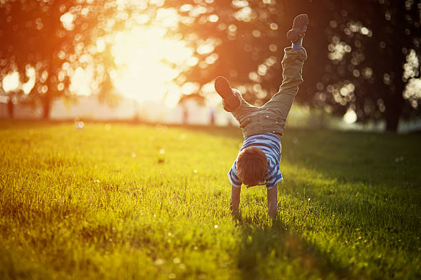 Little boy standing on hands on grass Portrait of a little boy having fun on grass in park or garden. The boy is standing on hands. Sunny spring or summer evening. playing children stock pictures, royalty-free photos & images
