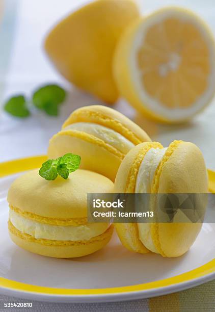 Colorful French Macarons With Lemon Flavor Stock Photo - Download Image Now - Baked, Baked Pastry Item, Citrus Fruit