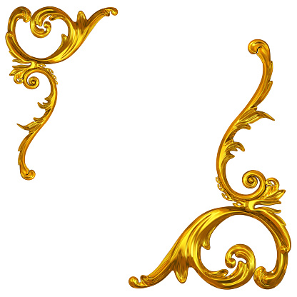 Isolated 3d render illustration of golden baroque floral ornate picture frame, front and 3/4 view.