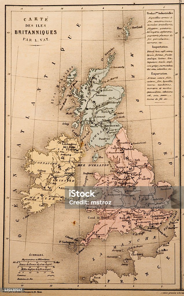 Antique Map | United Kingdom Antique French map of the United Kingdom from Nouvel Atlas Classique c: 1869.  Map Stock Photo