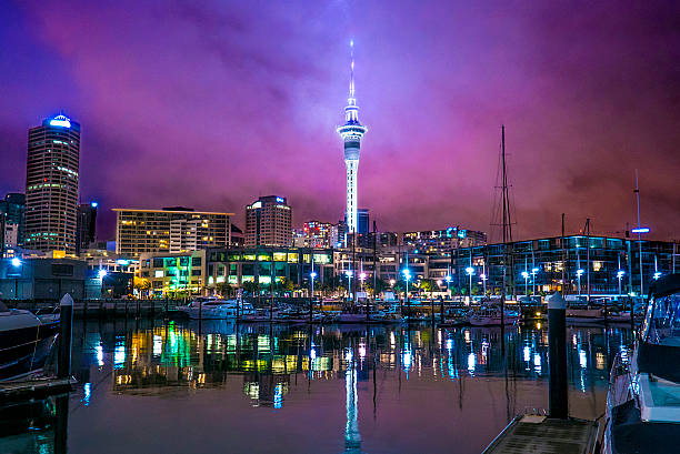 Night View at Sky Tower, Auckland Silent night taken from North Wharf. auckland region photos stock pictures, royalty-free photos & images