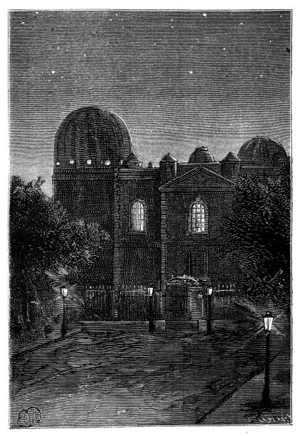 istock Antique illustration of street and building at night 535434635