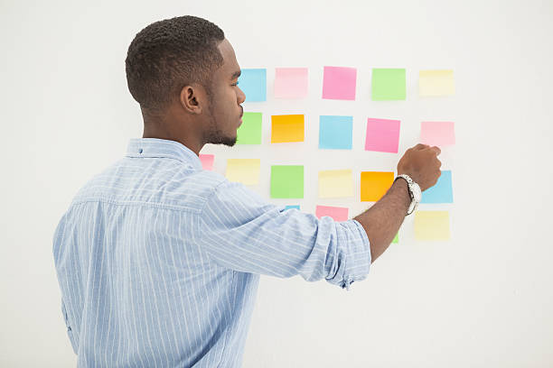 istock Concentrated businessman reading sticky notes 535435015