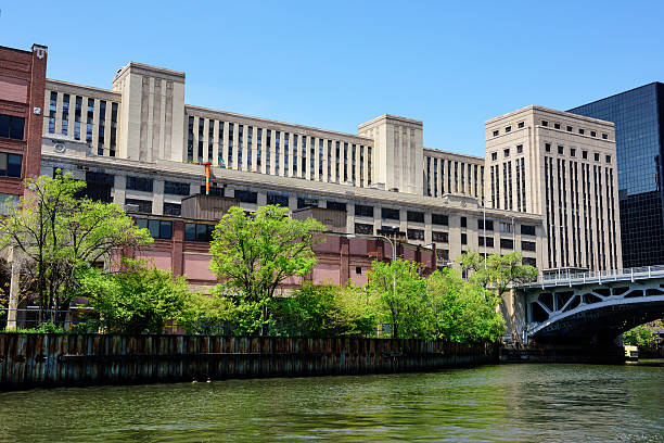 Old post office  from  the Chicago River stock photo