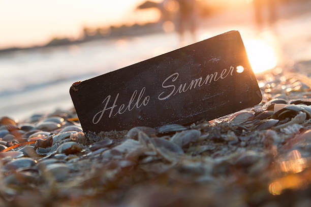 Hello Summer text and sunset on the beach. stock photo