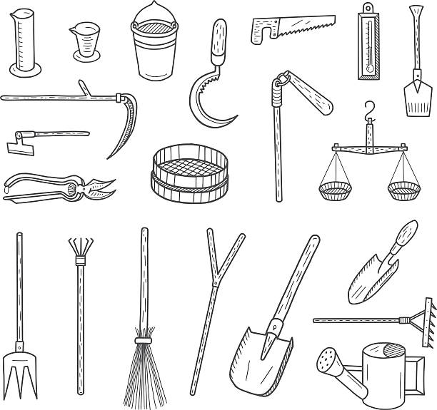 Garden Tools Doodles Vector garden tools doodles set. All objects in groups and easy to edit. threshing stock illustrations
