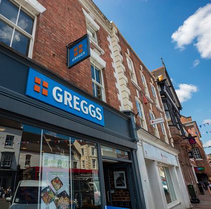 Bridgnorth, United Kingdom - May 24, 2016: An editorial stock photo of Greggs store front in the United Kingdom. Greggs is the largest bakery chain in the United Kingdom. It specialises in savoury products such as pasties, sausage rolls and sandwiches