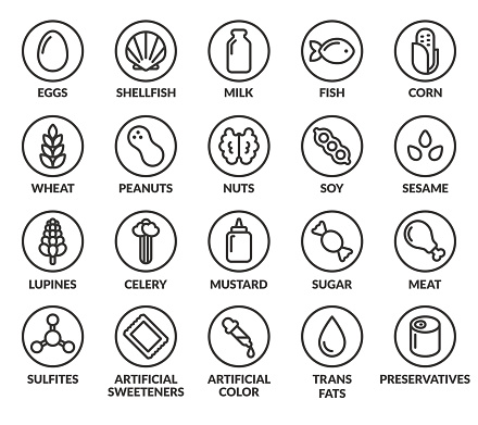 Set of allergy ingredient warning labels. Common allergens icons. Gluten and sulfite sensitivity, celery and mustard, artificial sweeteners and preservatives, and more.
