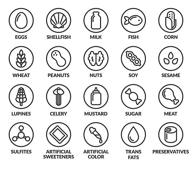 Allergens icon set Set of allergy ingredient warning labels. Common allergens icons. Gluten and sulfite sensitivity, celery and mustard, artificial sweeteners and preservatives, and more. peanut food stock illustrations