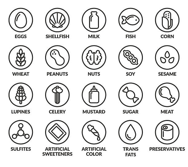 Allergens icon set Set of allergy ingredient warning labels. Common allergens icons. Gluten and sulfite sensitivity, celery and mustard, artificial sweeteners and preservatives, and more. lactose fermentation stock illustrations