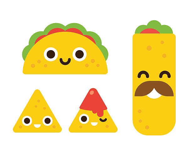 Cute mexican food Mexican food with cute smiling faces. Taco, burrito and nachos with salsa in flat cartoon geometric style. tomato face stock illustrations