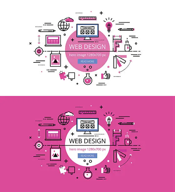Vector illustration of Web Design. Flat line color hero images and hero banners
