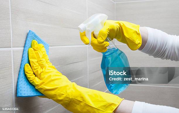 Housemaid Cleaning A Bathroom Stock Photo - Download Image Now - Cleaning, Domestic Bathroom, Wall - Building Feature