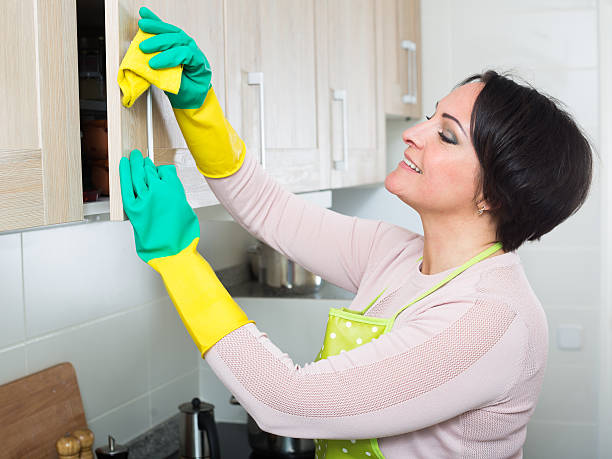 istock Middle aged woman dusting furniture in kitchen 535451426