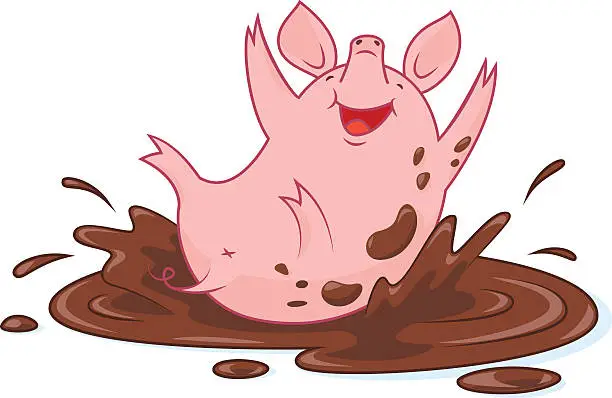 Vector illustration of Cute cartoon pig playing in a mud puddle