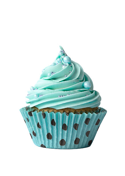 Turquoise cupcake on white Cupcake decorated with turquoise frosting cupcake stock pictures, royalty-free photos & images