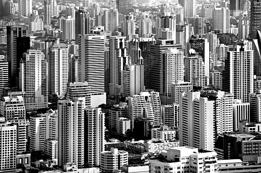 Black and white picture of bangkok, thailand.