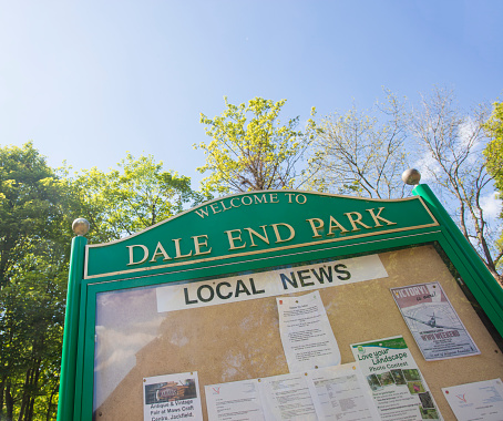 Ironbridge, England - May 16, 2016: An editorial stock photo of the Dale End Park signage in Iron Bridge, Shropshire. Dale End park is a park area close to the famous Ironbridge in the Shropshire, England. 
