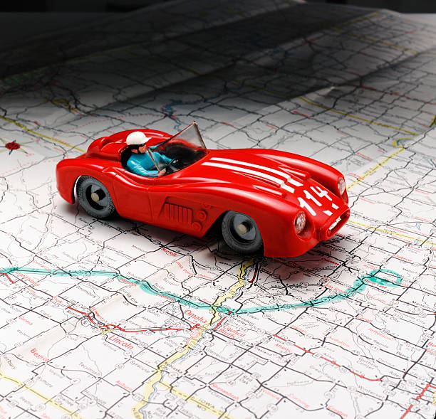 Red Sports Car on Map stock photo