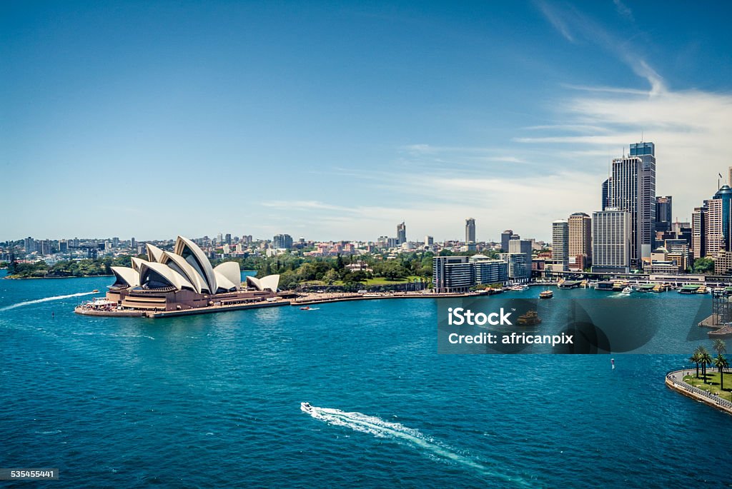View of Sydney Harbour, Australia Sydney Opera House and Circular quay, ferry terminus, from the harbour bridge. Australia Stock Photo