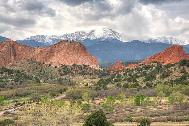 Garden of the Gods is a public park located in Colorado Springs, Colorado, US. It was designated a National Natural Landmark in 1971. In the background you can see the Rocky Mountains, the Pikes Peak.