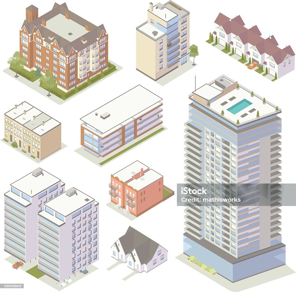 Isometric Apartment Buildings Apartment buildings and other multi-family residences include a luxury high-rise, low-rise buildings, row houses, condominiums, co-ops, rentals and a duplex. Illustrations are presented in isometric view. Isometric Projection stock vector