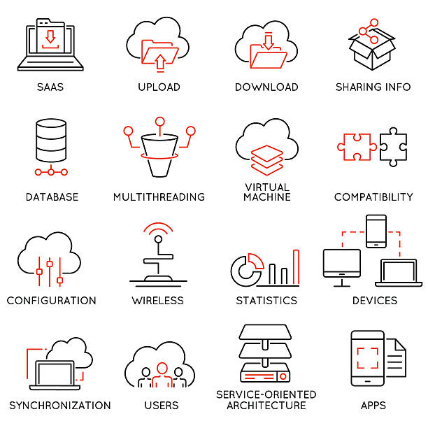 Cloud computing service and data storage - part 2 Vector set of 16 modern thin line icons related to cloud computing service and data storage. Simple mono line pictograms and infographics design symbols - part 2 construction platform illustrations stock illustrations